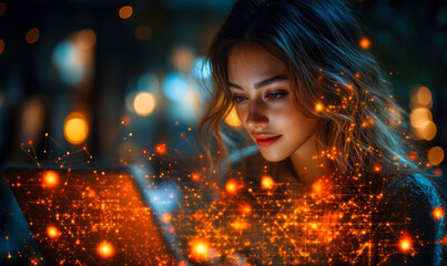 Young woman using laptop with glowing orange digital network overlay representing futuristic technology and data connectivity concept in dark environment