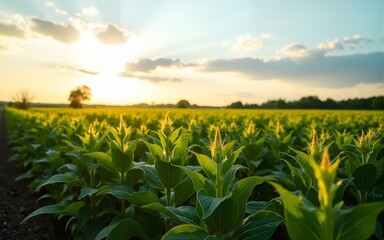 View of soybean farm agricultural field against sky. High quality