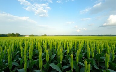 View of soybean farm agricultural field against sky. High quality