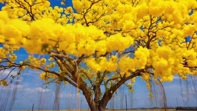 Blooming yellow ipe tree stands majestically against blue sky