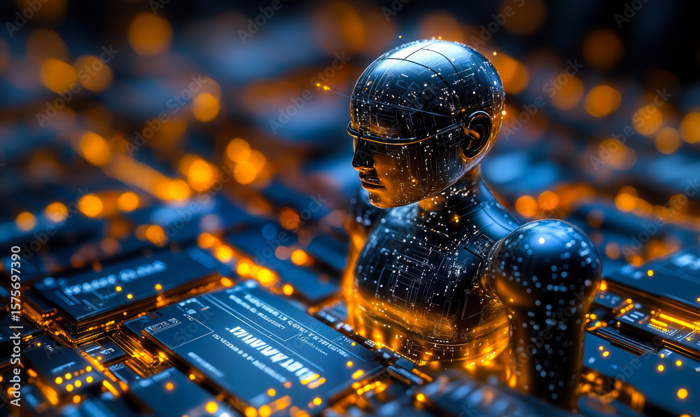 Poster futuristic robot figure embedded in glowing electronic circuit board representing artificial intelli