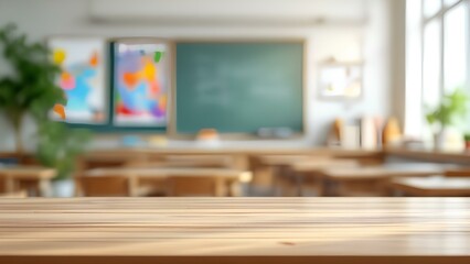 Empty wooden table in blurred classroom background perfect for product display or educational concep