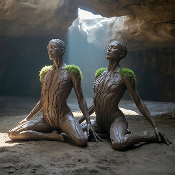 Two Mystical Nature Spirits Meditating In A Cave With Moss Shoulders.