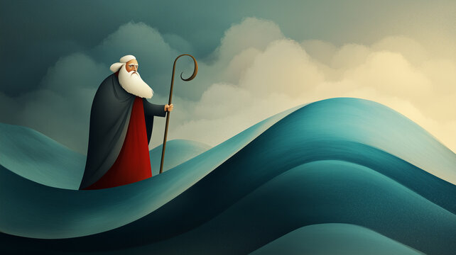 Moses splits the red sea and crosses with the Israelites the water, Exodus of the bible, escape from the Egyptians 