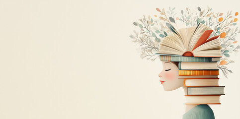 Child with books and flowers, education, knowledge and skill learning with literature, back to school concept, reading a story