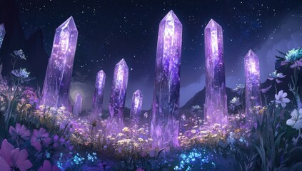 Glowing crystals stand sentinel amidst a field of wildflowers under a starry night
