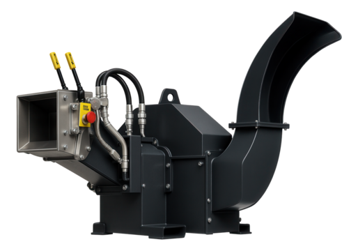Pallet chipper with a hydraulic feeding system and a large discharge chute for a wood recycling center.