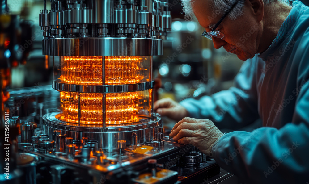 Poster scientist working on glowing quantum computer processor with complex machinery in high-tech laborato