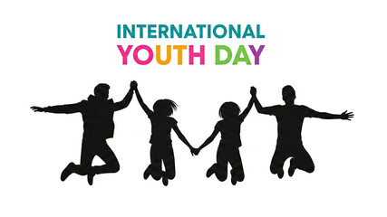 Obraz premium Joyful Youth Silhouette: International Youth Day Celebration, Four Friends Jumping, Holding Hands, Happy, Energetic, Upbeat