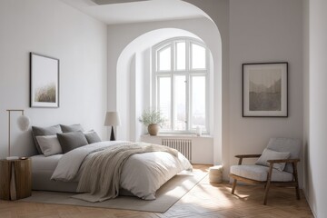 Fototapeta premium Bright Bedroom With White Walls and Wooden Accents, Depicting Serenity and Home Improvement, Ideal for Real Estate Marketing and Interior Design Projects : Generative AI