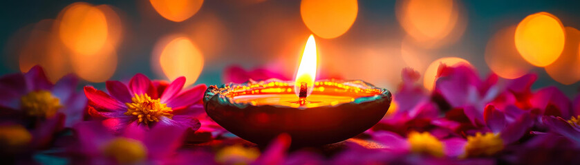 Close up of lit Diya oil lamp surrounded by pink flowers with warm bokeh lights festive Diwali celebration background