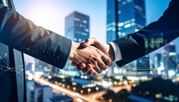 _Double exposure image of business people handshake on city office building in backgro .