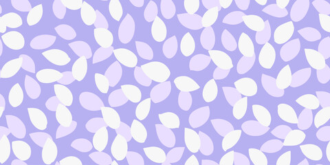 Seamless vector pattern with abstract petal-like shapes in pastel tones on a violet or purple background. Organic shapes and plain minimal print for textiles, wallpaper, branding, packaging, and decor