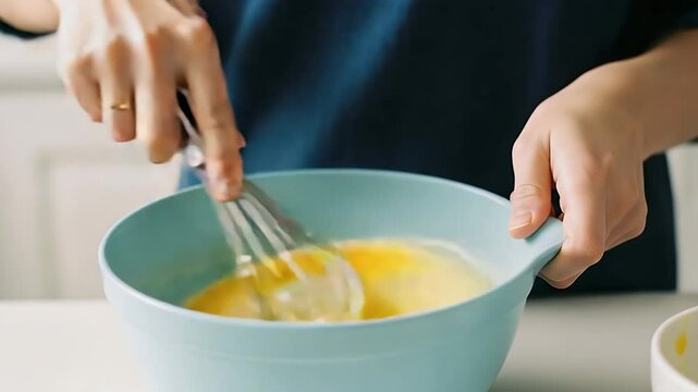 Close-up of hands whisking eggs or batter in a blue mixing bowl, preparing ingredients for cooking or baking