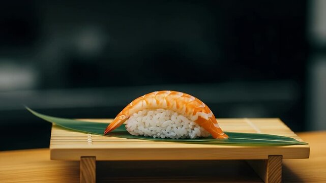 Exquisite Ebi Nigiri Sushi on Bamboo Leaf and Wooden Serving Stand