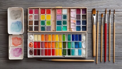 Naklejka premium Watercolor Paint Palettes and Brushes on Wooden Background, Showcasing Artistic Tools and Creative Expression for Art Education and Hobby Projects : Generative AI