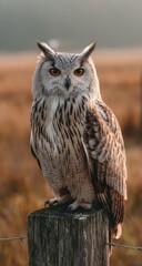 Obraz premium Majestic Eurasian Eagle-Owl Perched on Wooden Post at Dusk, Symbolizing Wisdom and Environmental Conservation for Nature Bloggers and Wildlife Enthusiasts : Generative AI