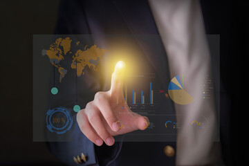 A businesswoman's hand reaching out, representing a business concept. Shows an efficient process. Modern business operations are in progress. Improvement strategy, growth. Tech innovation for better.