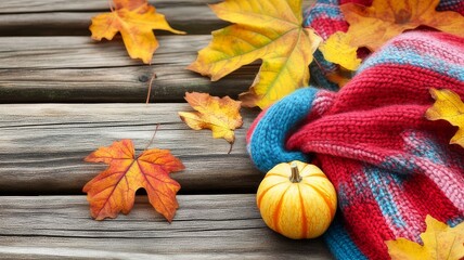 Autumnal scene of colorful leaves, a cozy knitted scarf, and a small pumpkin on weathered wooden planks.
