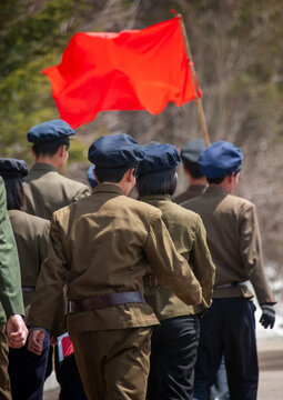 Students in the Grand monument of lake Samji, Ryanggang, Samjiyon, North Korea