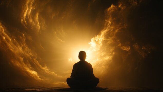 Silhouette of Person Meditating in Lotus Position Under Golden Sky, Representing Inner Peace and Mindfulness Practice for Mental Wellness and Spiritual Growth : Generative AI - Powered by Adobe