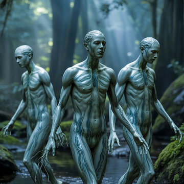Mysterious Figures In Forest Stream Ethereal Fantasy Beings Nature Scene.