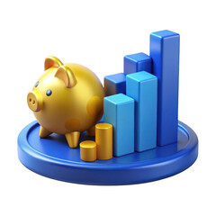 Golden piggy bank with rising blue bar graph and gold coins isolated on transparent background
