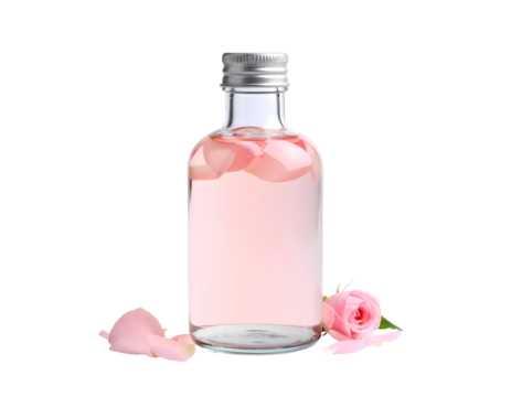 Rose water bottle against black background