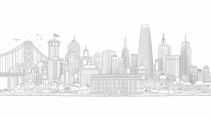 Detailed line drawing of a city skyline.