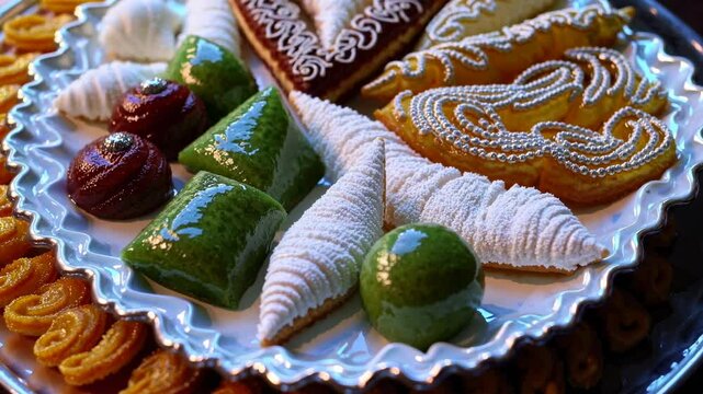 A colorful selection of festive indian traditional sweets is beautifully arranged on a decorative platter, showcasing intricate designs and vibrant colors at a cultural celebration