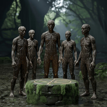 Mysterious Ritualistic Gathering Of Humanoid Figures In A Mystical Forest Setting.