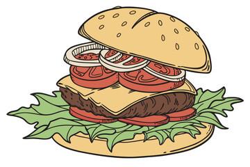 Delicious burger illustration with layers of meat cheese and tomato