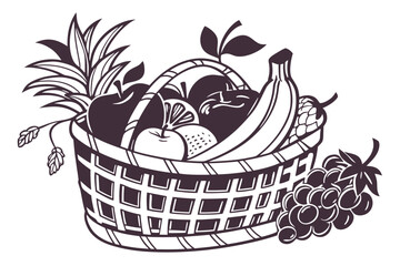 Silhouette of assorted fresh fruits in a woven basket isolated on white