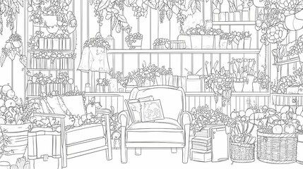 Obraz premium Detailed interior illustration of a cozy, floral room.