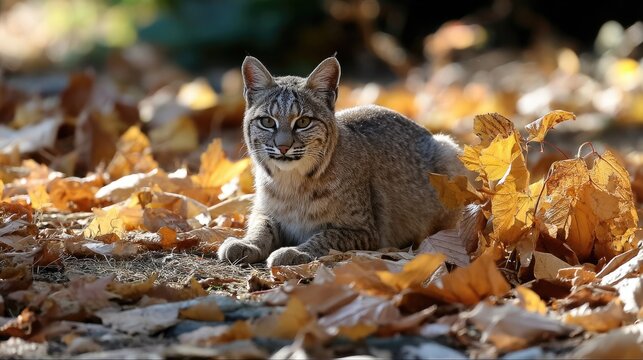 Bobcat among autumn leaves - Powered by Adobe