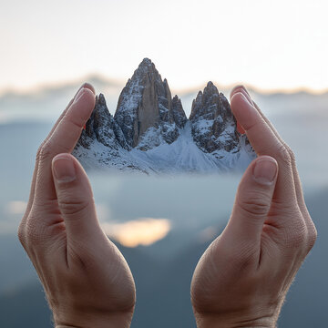 Snow Covered Mountains In Hands Conceptual Environmental Preservation And Natural Protection.