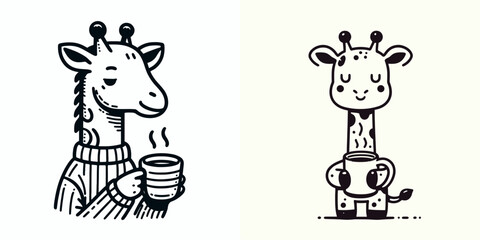 Obraz premium A Giraffe hold coffee mug. Cartoon Line Art Clipart Minimal Retro Vector Illustration. Tall creature drinking brew from cup fun morning image.