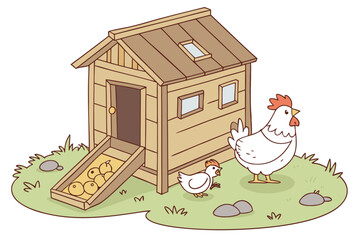 Detailed vector illustration of a chicken coop with hens and chicks in a farm setting