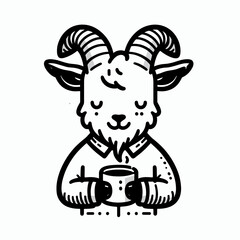 A Goat hold coffee mug. Cartoon Line Art Clipart Minimal Retro Vector Illustration. Farm animal with beverage cup domestic mammal enjoys warm drink.