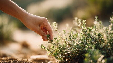 Fototapeta premium Close-up of a hand gently picking wild herbs in a sunlit field with soft background blur perfect for herbal medicine visuals, organic food packaging and sustainable agriculture stories