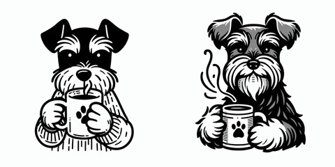 A Miniature Schnauzer Dog hold coffee mug. Cartoon Line Art Clipart Minimal Retro Vector Illustration. tiny canine pet gripping cup with warm beverage.