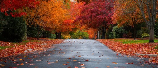 Autumnal street lined with vibrant fall foliage.