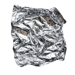 Wrinkled aluminum foil scrap texture with shiny metallic surface isolated on white background