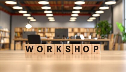 参加者が主体的に参加する体験型の講座ワークショップを意味する英単語WORKSHOPの文字が書かれたキューブブロックと開催会場。 aiで生成