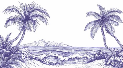 Hand-drawn tropical beach scene with palm trees.