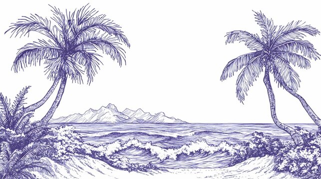 Hand-drawn tropical beach scene with palm trees.