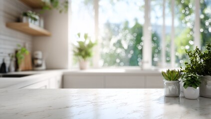 Fototapeta premium Bright Kitchen Countertop with Potted Plants, Ideal for Interior Design Mockups and Promoting Sustainable Living : Generative AI