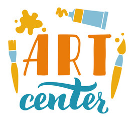 Colorful logo for an art center featuring paintbrushes, a paint tube squeezing color, and the words art center in a playful font, ideal for promoting creativity and artistic expression