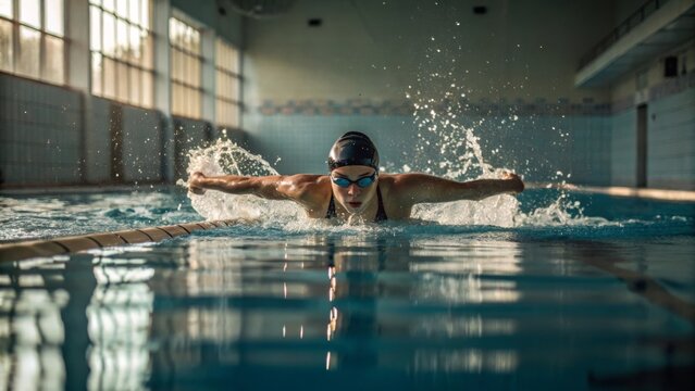 Female Swimmer Doing Butterfly Stroke in Indoor Pool - Powered by Adobe