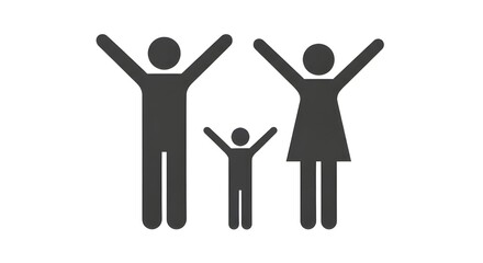 Family stick figures with arms raised on white background